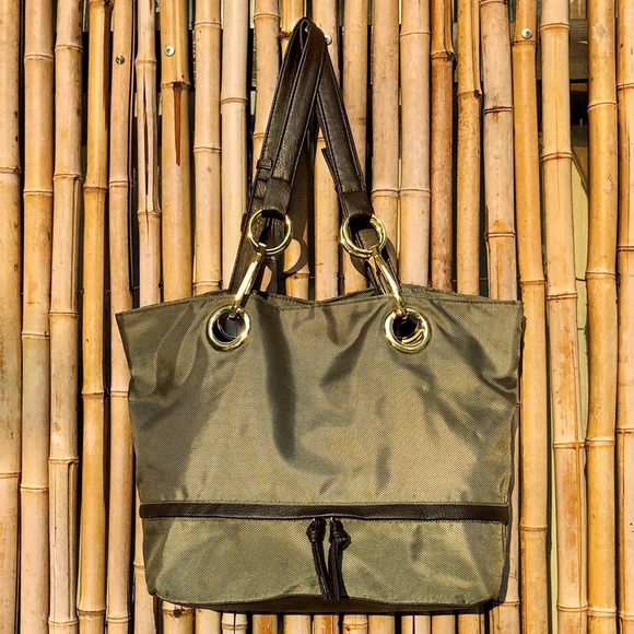 Braciano Handbags - BRACIANO Olive Green Nylon Tote Brown & Gold Trim